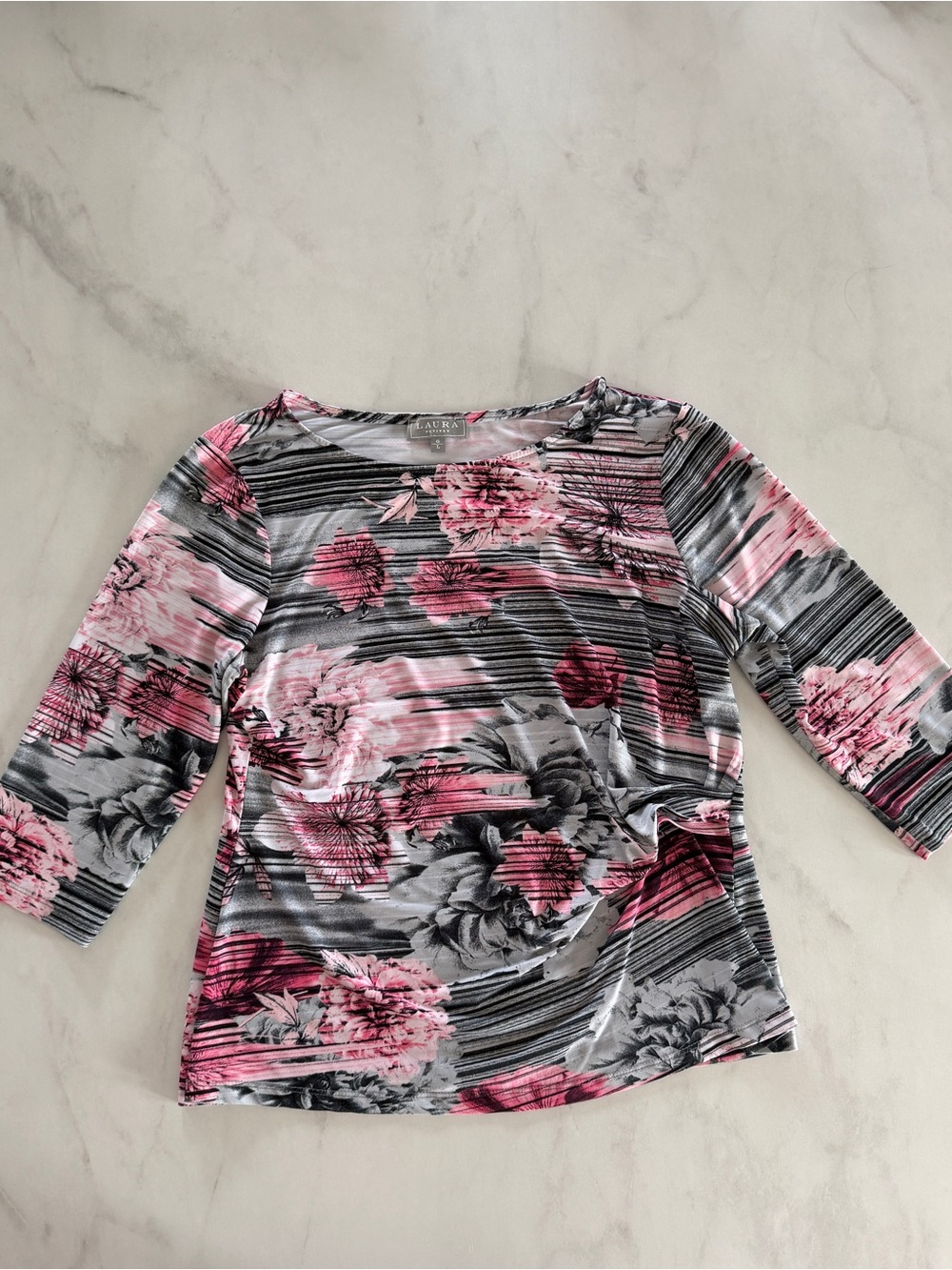 Laura Ashley Pink and Gray Floral Stripe Long Sleeve Top